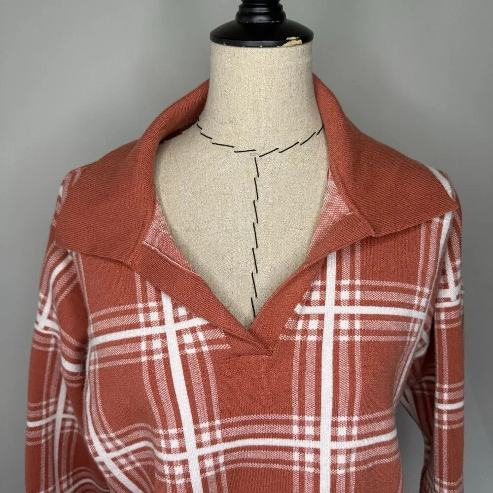 Max studio Pumpkin Spice Orange Sweater Plaid Shirt Collar Women’s sz XL Classic - Picture 2 of 7